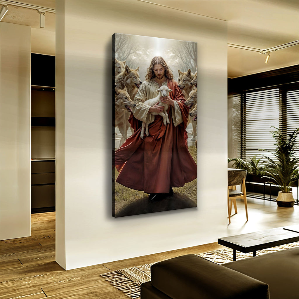 Jesus Protects The Lamb From Wolves Faith Wall Art VI