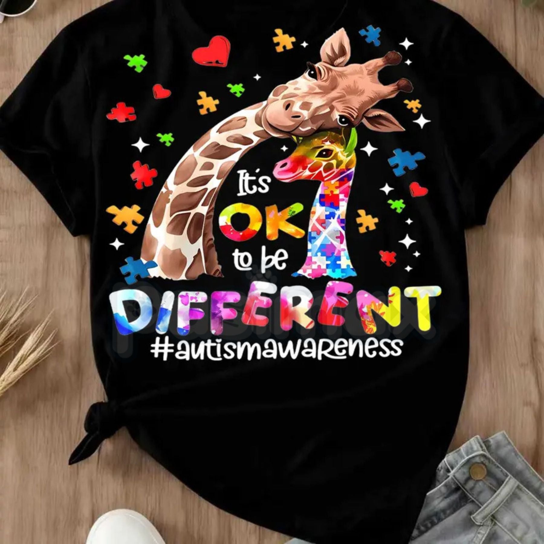 "Different is Beautiful" Artistic Giraffe T-Shirt – Autism Awareness Hearts & Puzzle Print, Premium 100% Cotton Neurodiversity Top, Soft Lived-In Heavyweight Women's Advocacy Wear, Made in USA