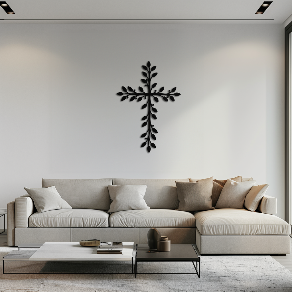 Leaf Cross Metal Wall Art - Elegant Botanical Christian Home Decor- KAF482