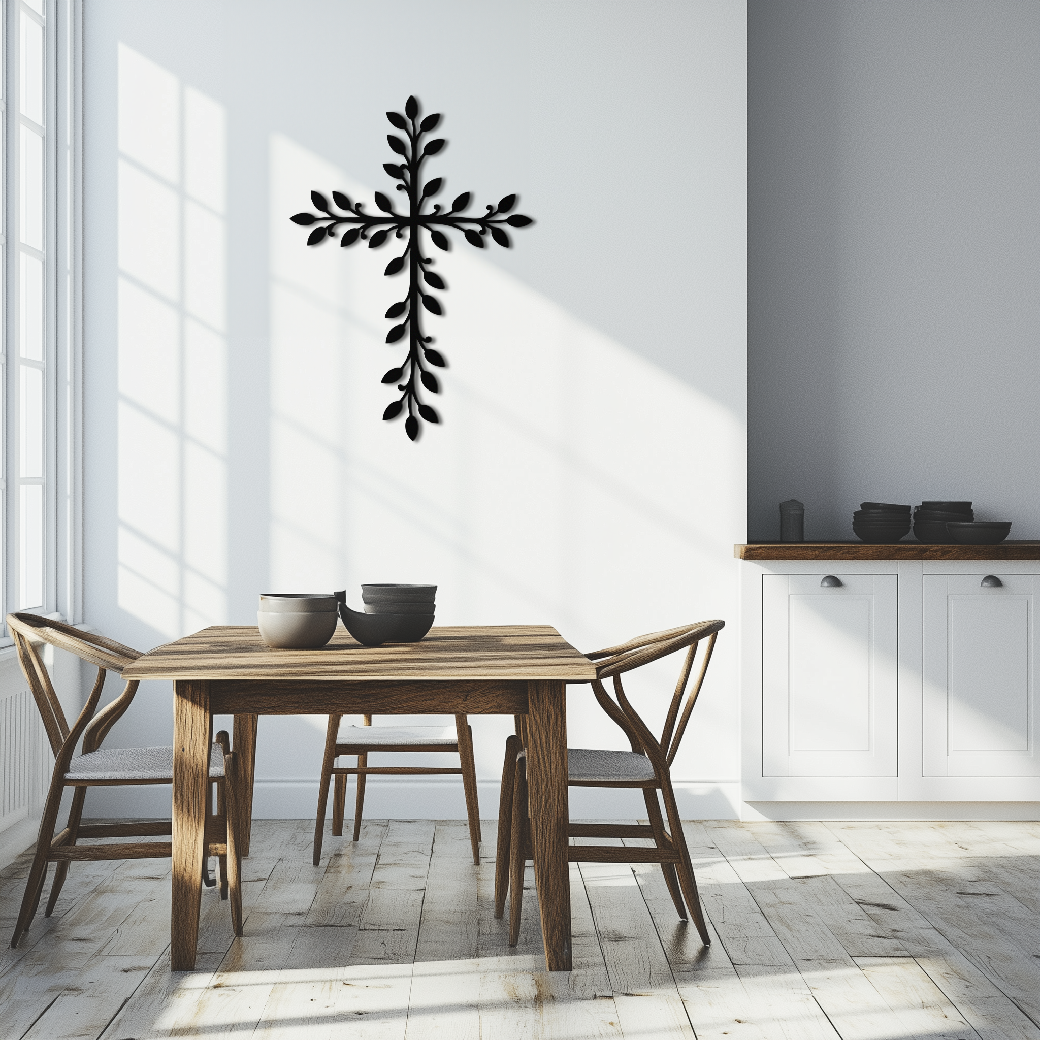 Leaf Cross Metal Wall Art - Elegant Botanical Christian Home Decor- KAF482