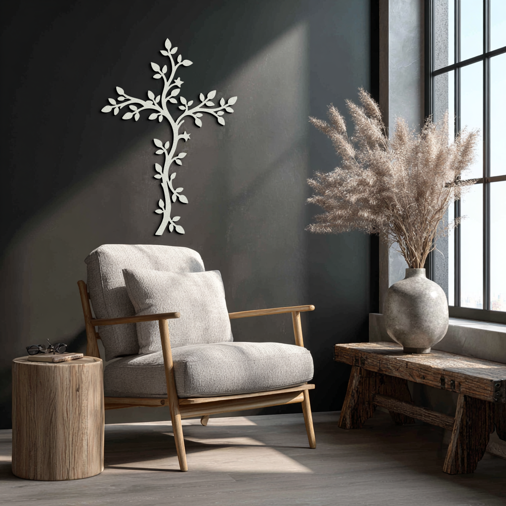 Leaf Cross Metal Wall Art - Elegant Botanical Christian Home Decor- KAF482