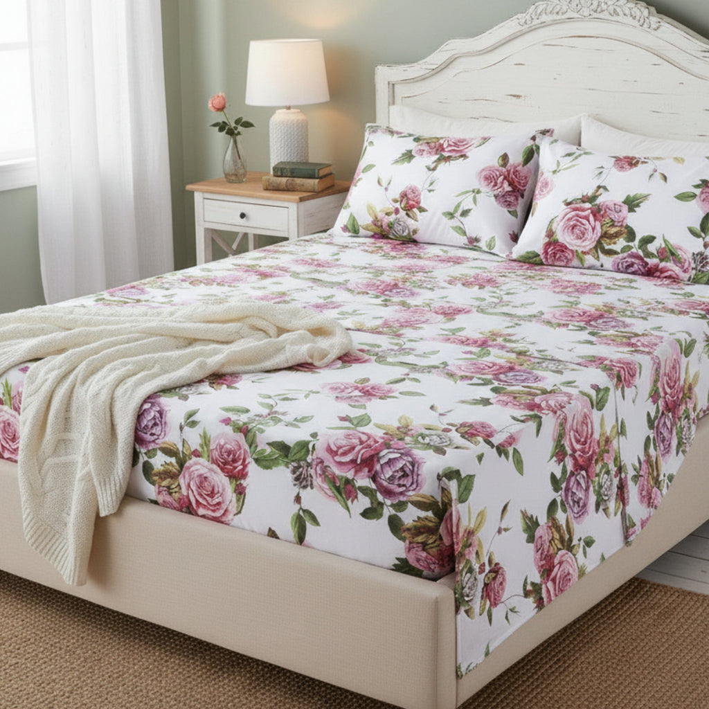 DaDa Bedding Romantic Roses Lovely Spring Pink Floral Garden Fitted & Flat Bed Sheet Set w/ Pillow Cases (JHW879)
