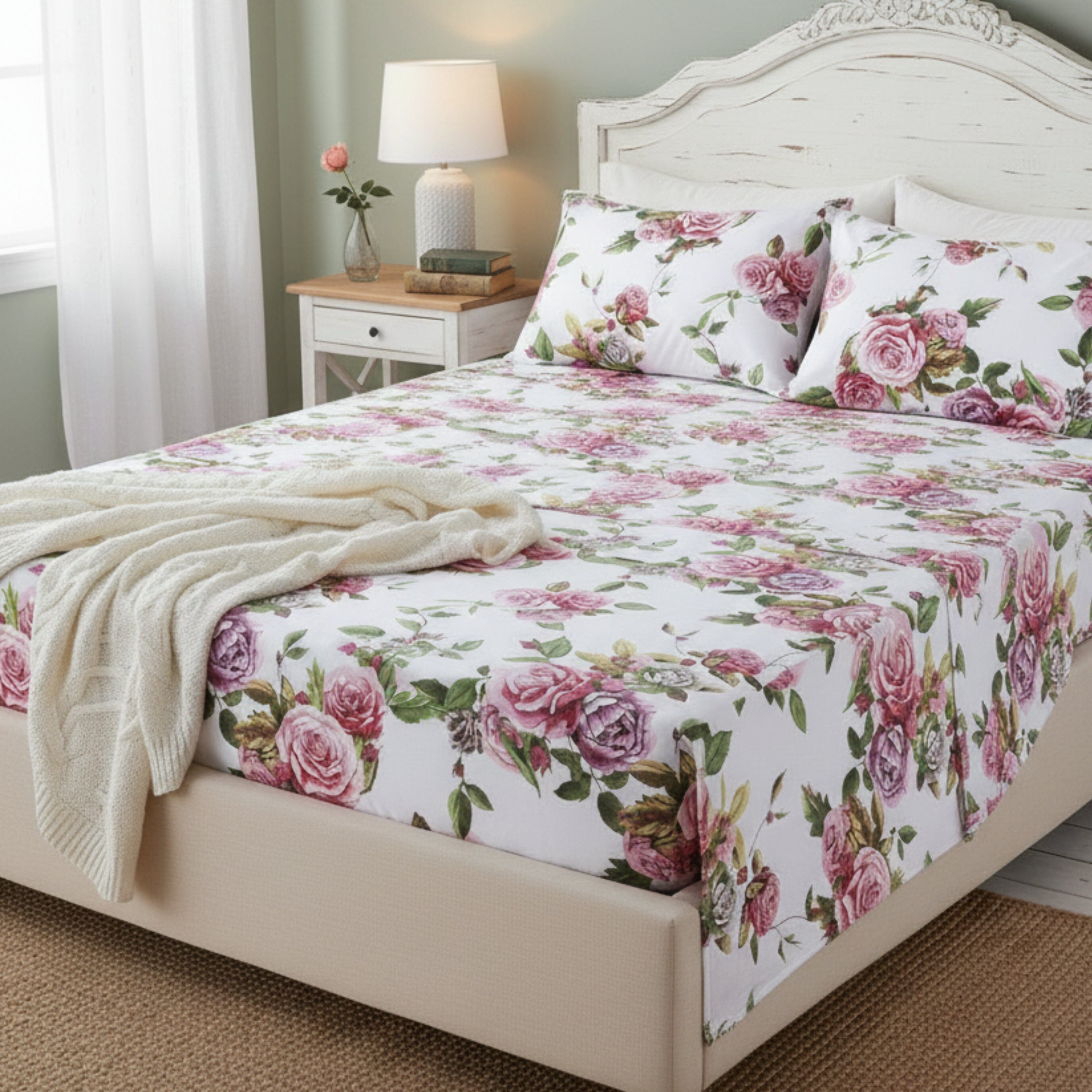 DaDa Bedding Romantic Roses Lovely Spring Pink Floral Garden Fitted & Flat Bed Sheet Set w/ Pillow Cases (JHW879)