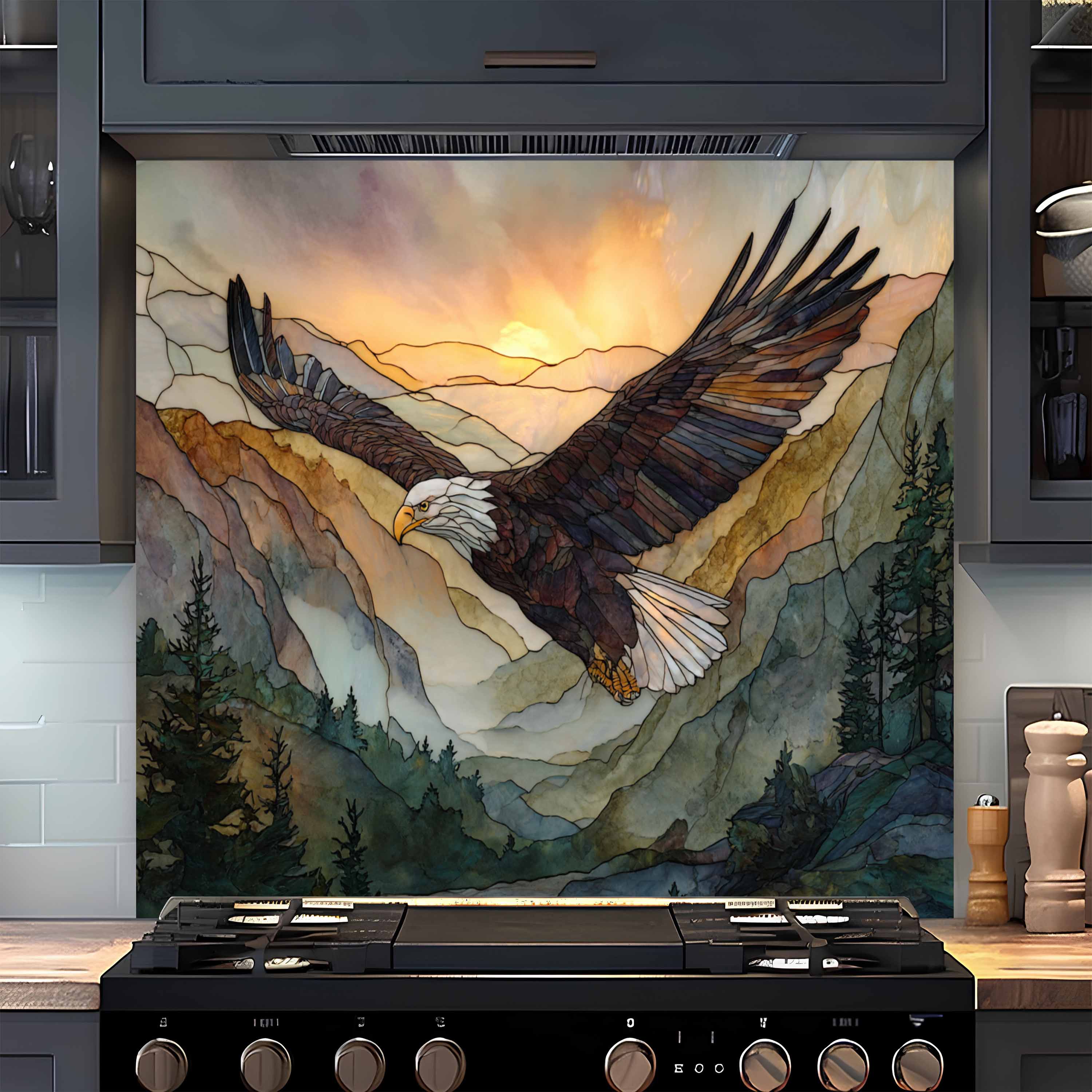 Mountain Flight – Tempered Glass Backsplash For Rustic Style Kitchen