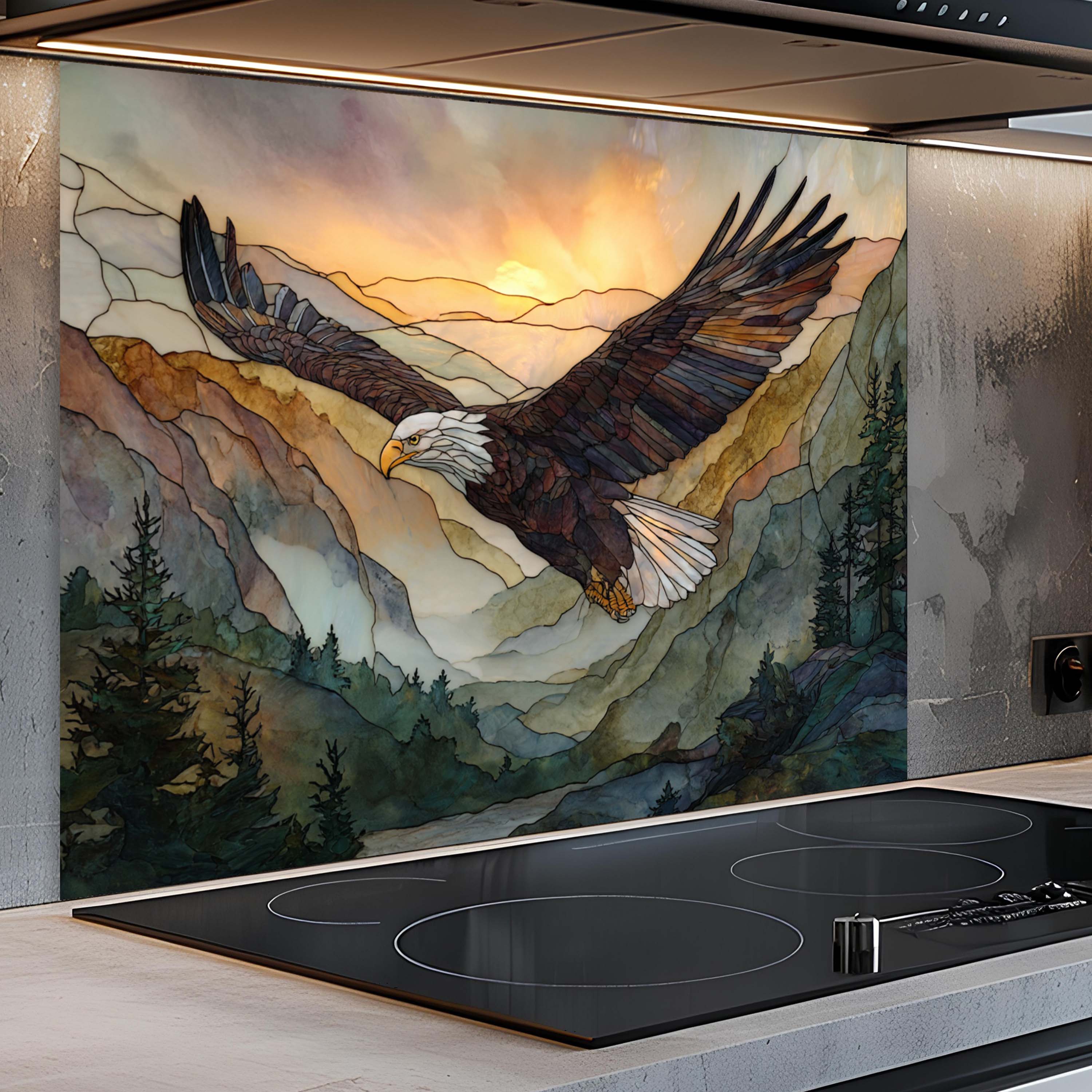 Mountain Flight – Tempered Glass Backsplash For Rustic Style Kitchen