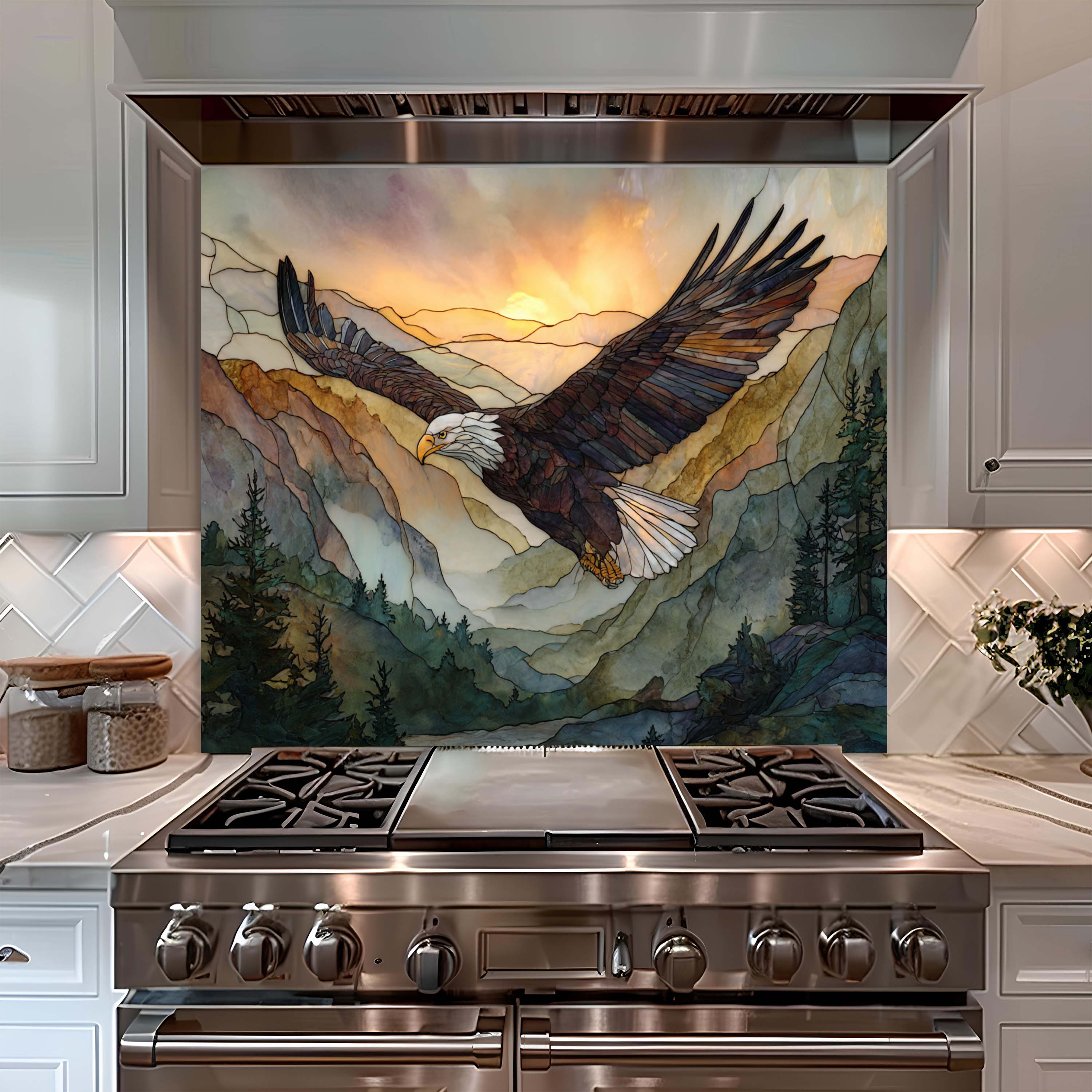 Mountain Flight – Tempered Glass Backsplash For Rustic Style Kitchen