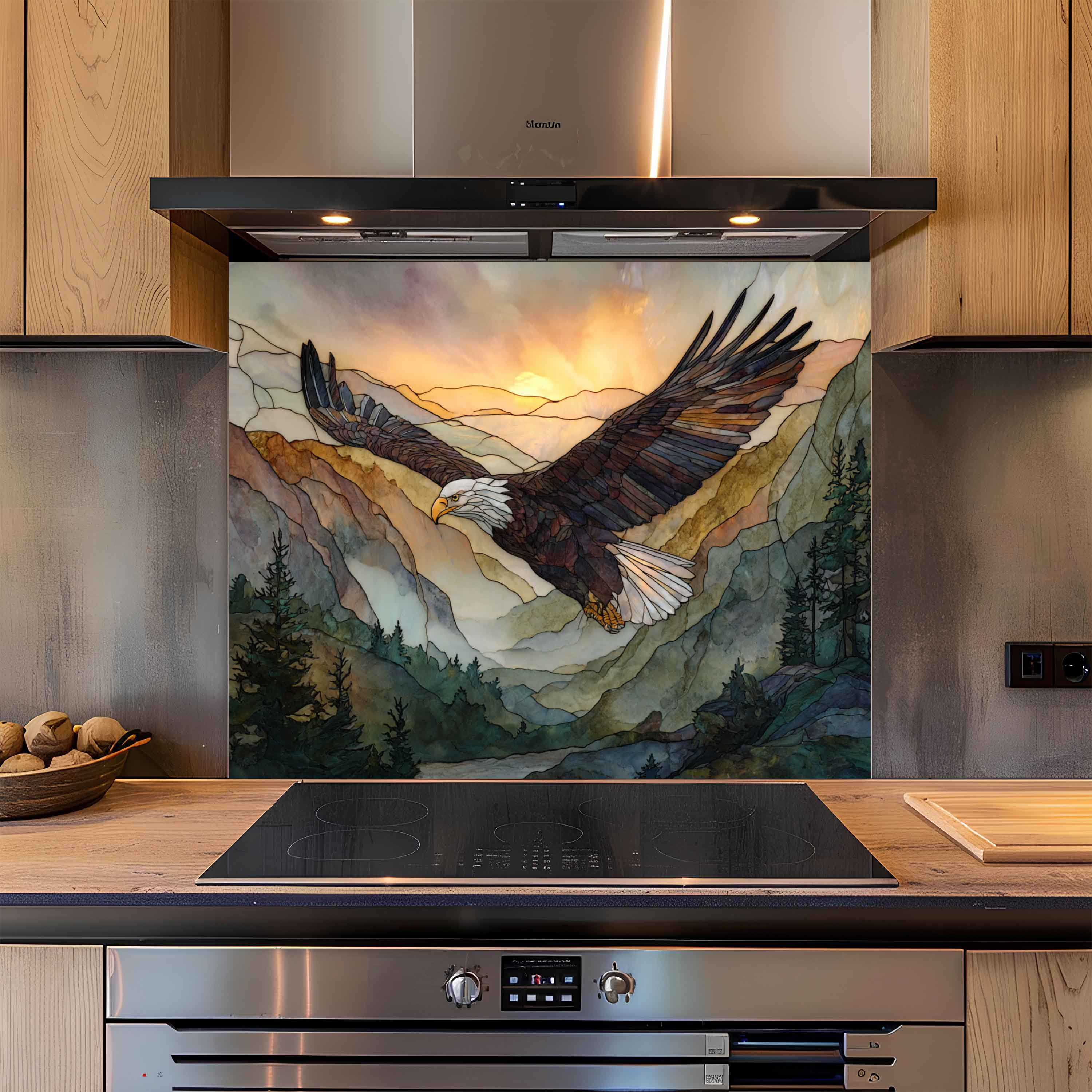 Mountain Flight – Tempered Glass Backsplash For Rustic Style Kitchen