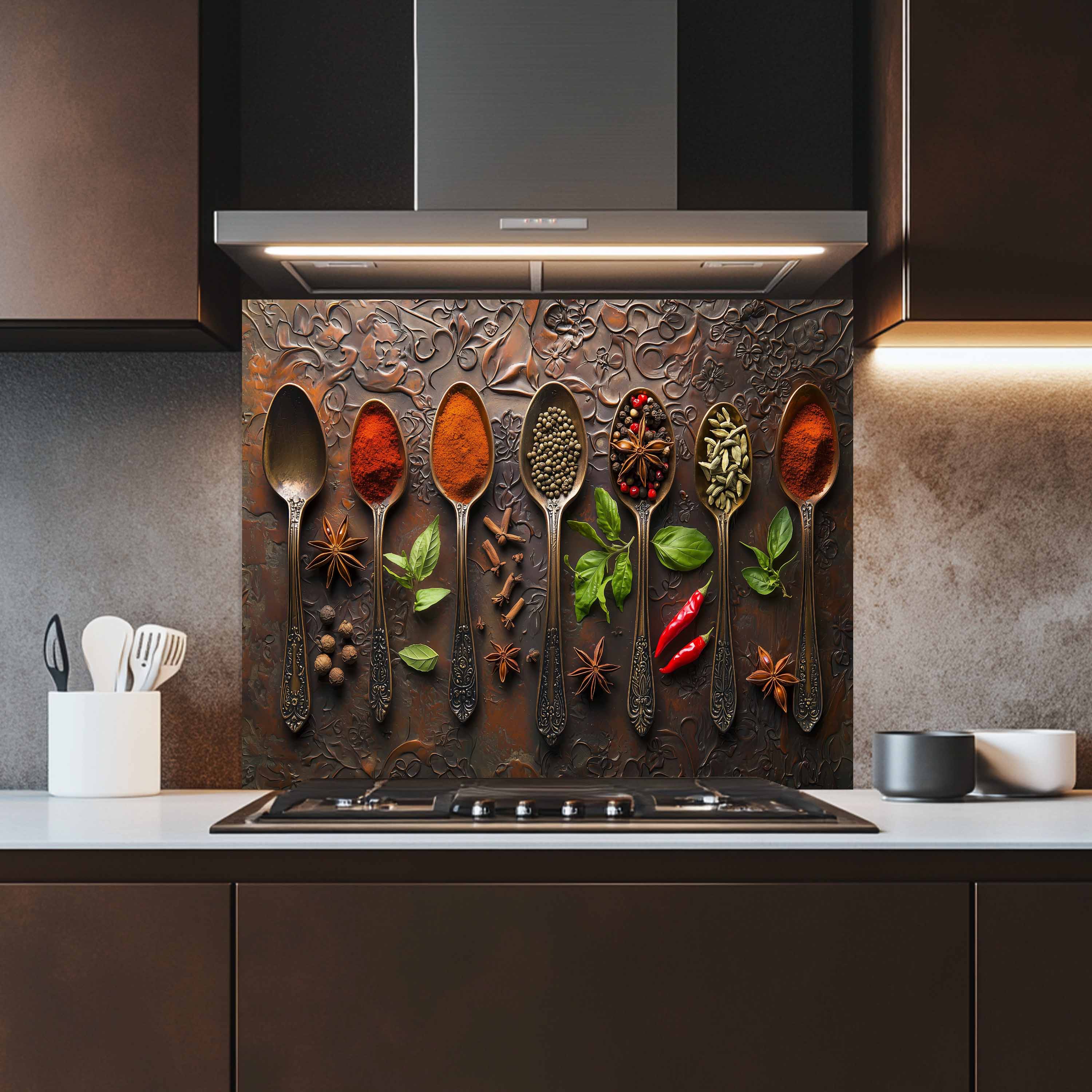 Spice Elegance Tempered Glass Backsplash – Exotic Kitchen Wall Art