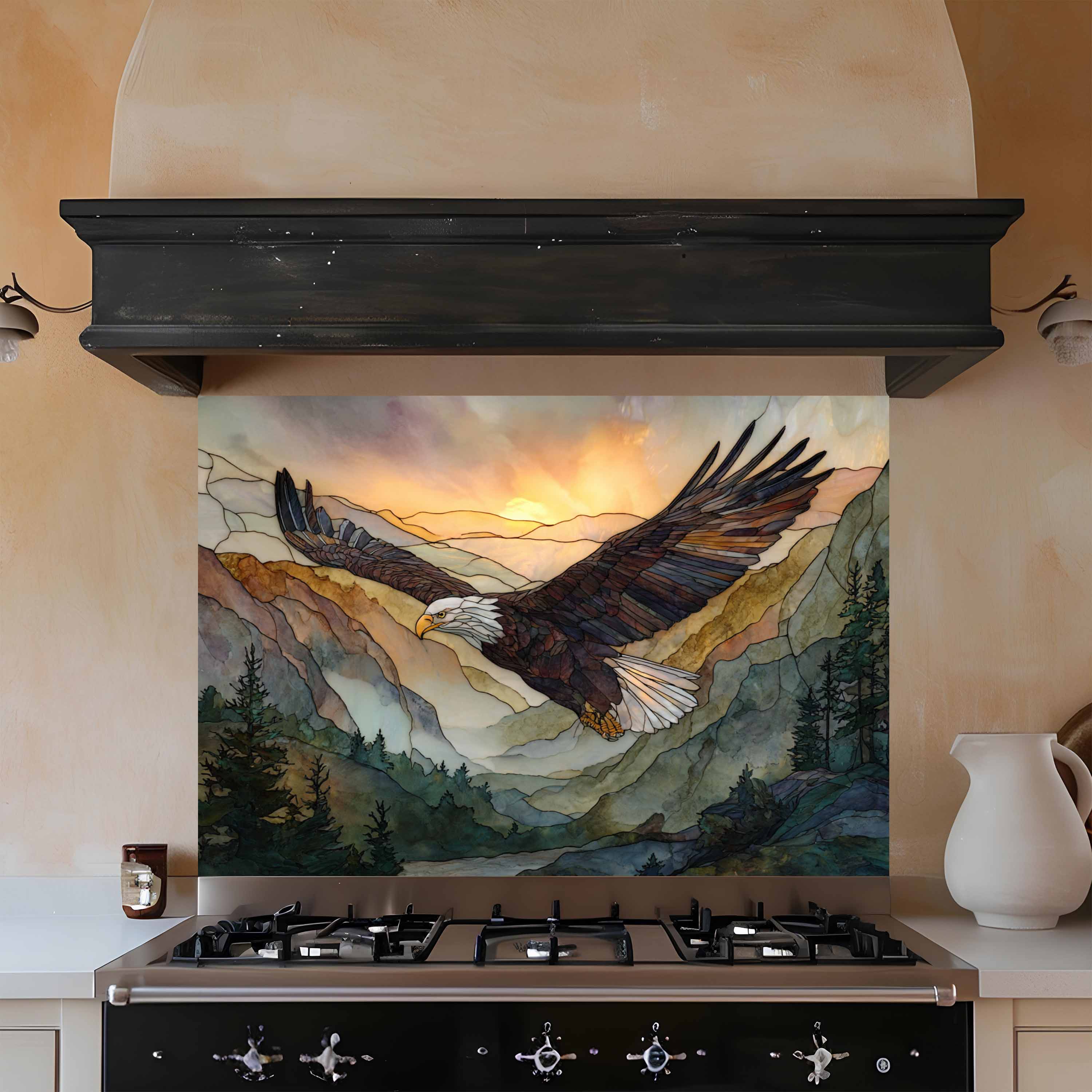 Mountain Flight – Tempered Glass Backsplash For Rustic Style Kitchen