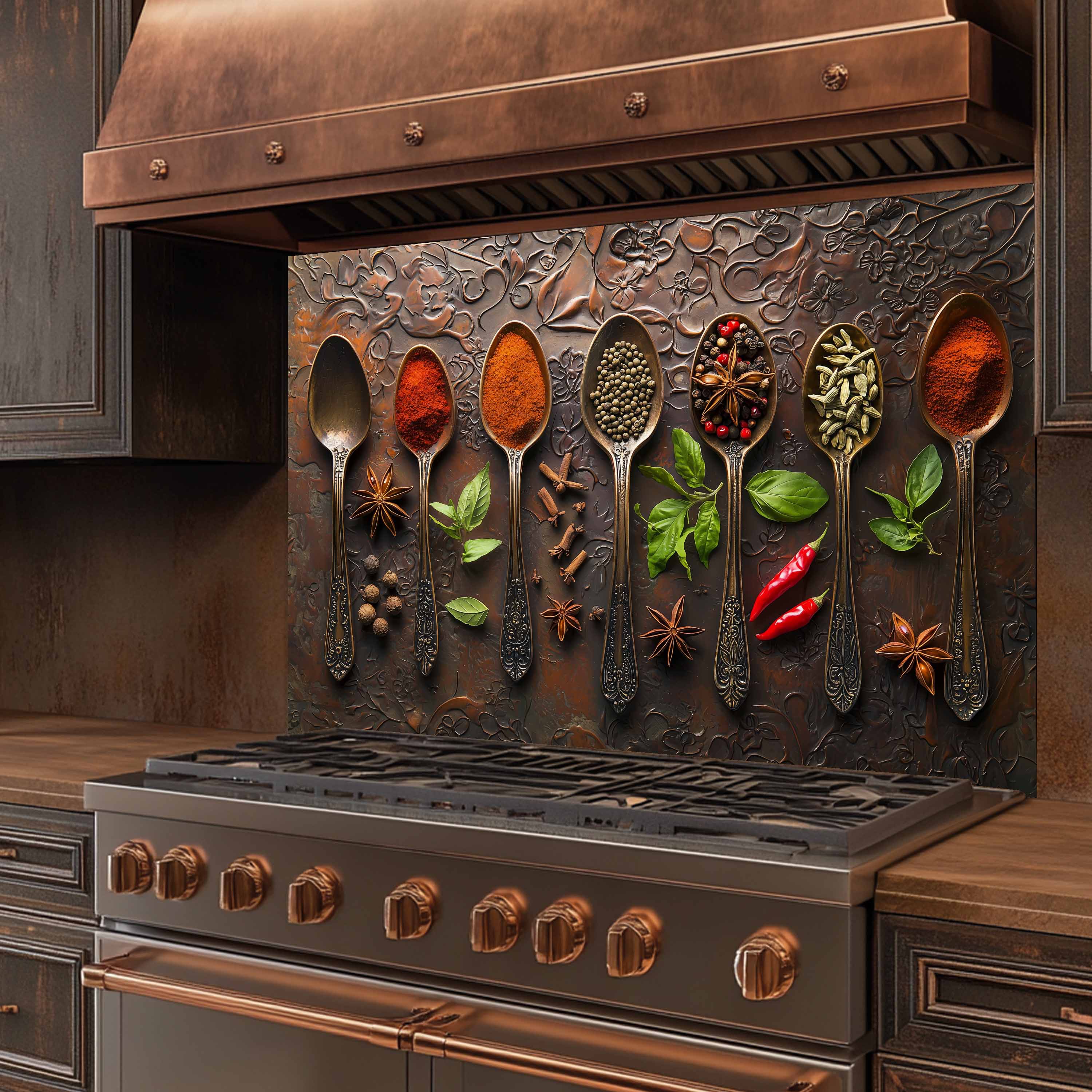 Spice Elegance Tempered Glass Backsplash – Exotic Kitchen Wall Art