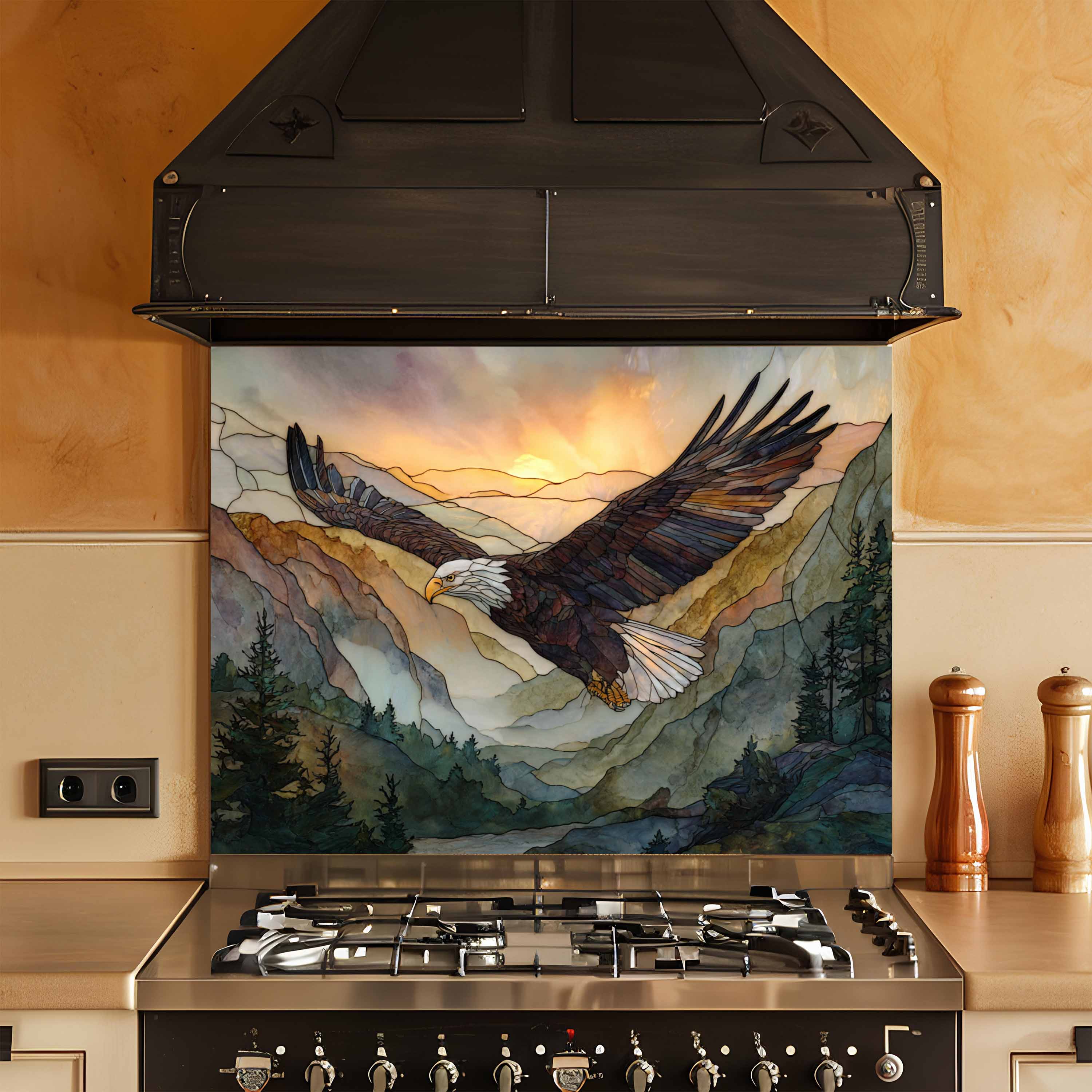 Mountain Flight – Tempered Glass Backsplash For Rustic Style Kitchen