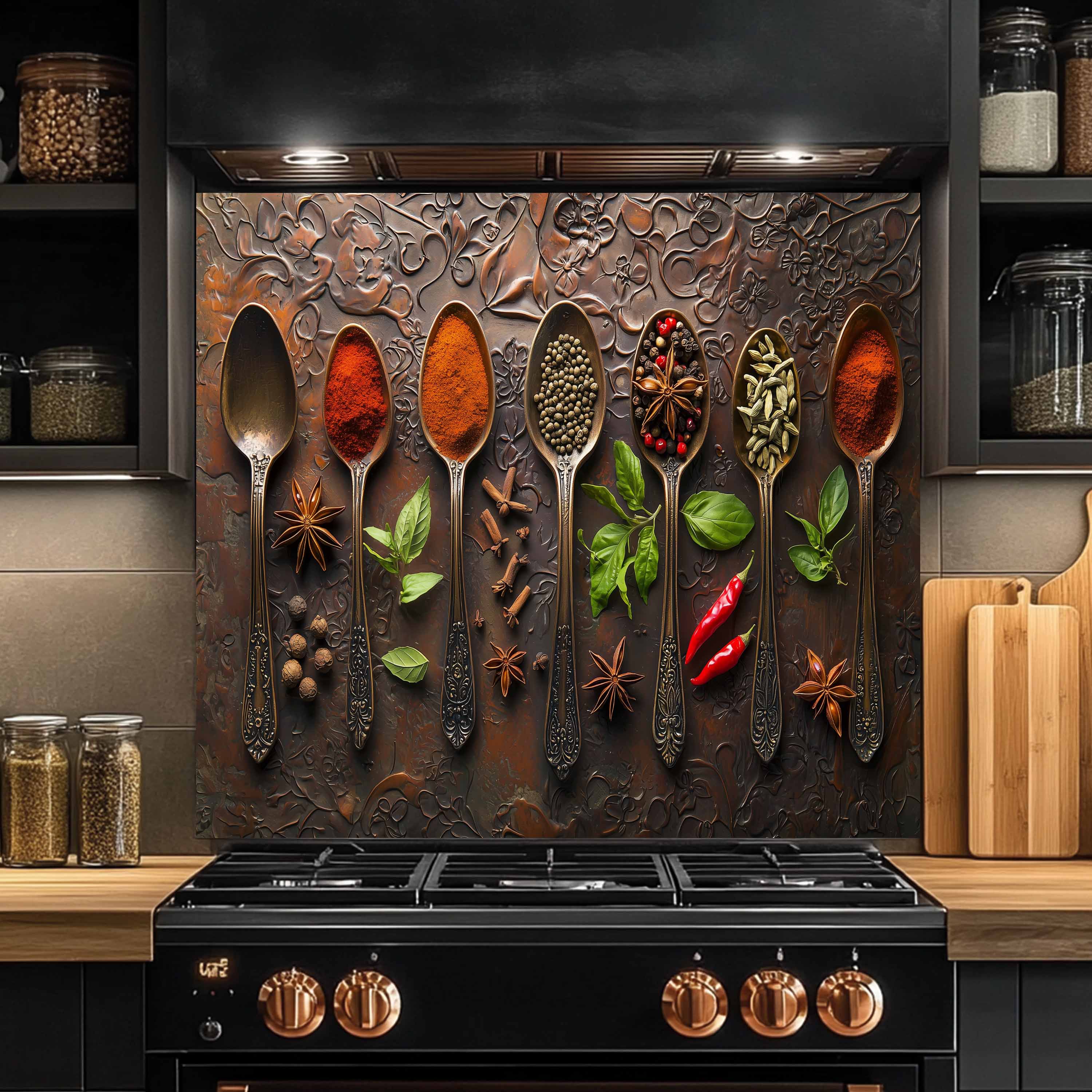 Spice Elegance Tempered Glass Backsplash – Exotic Kitchen Wall Art