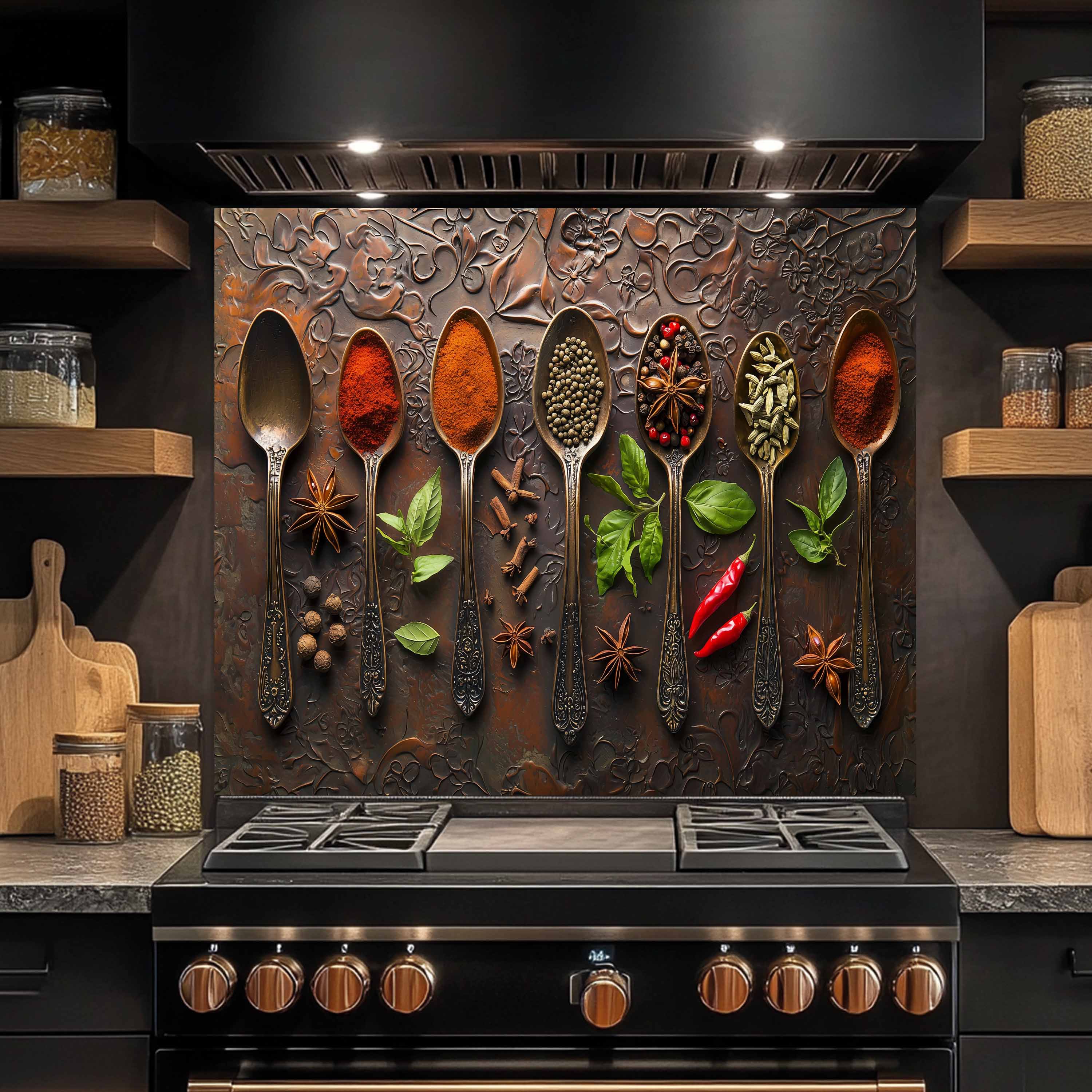 Spice Elegance Tempered Glass Backsplash – Exotic Kitchen Wall Art
