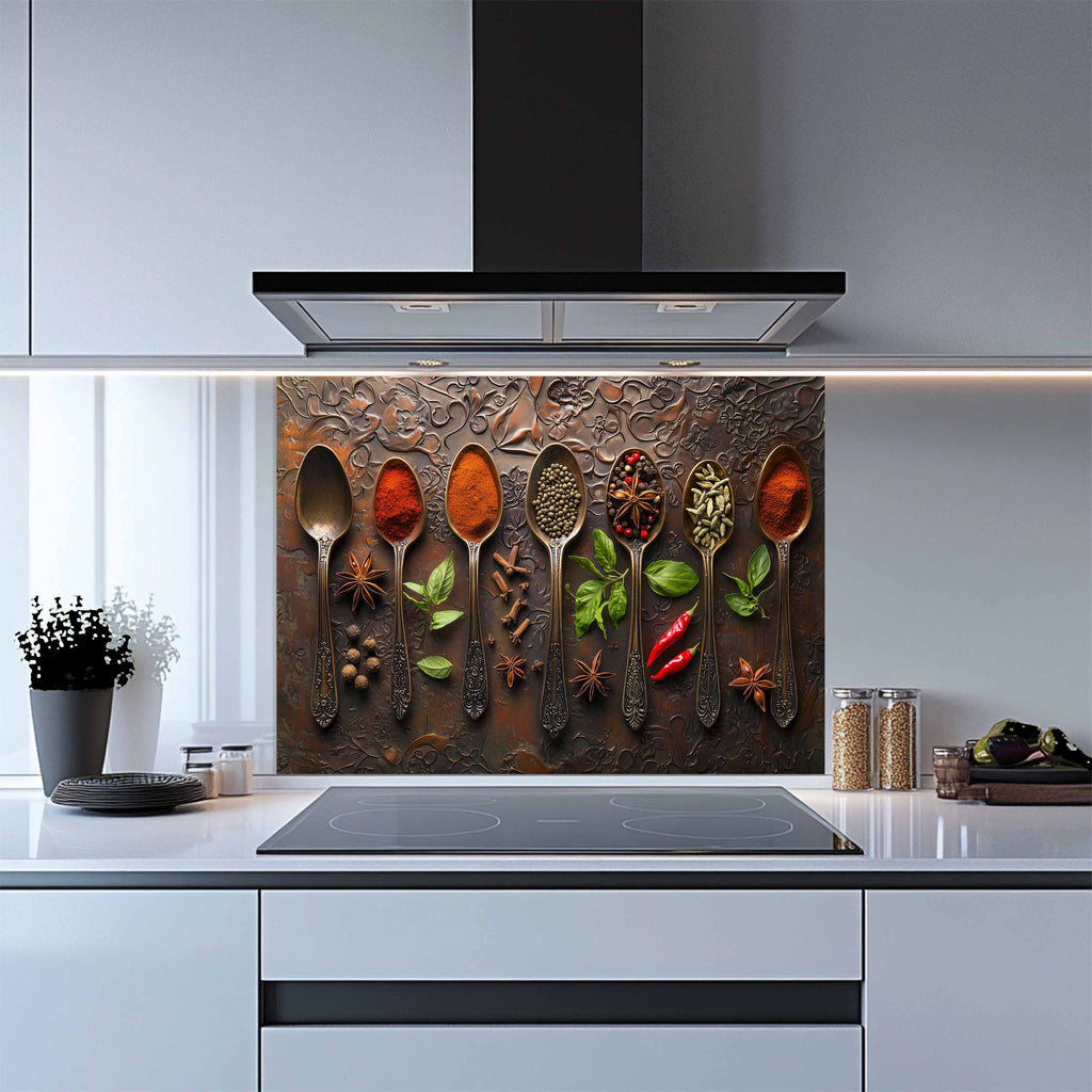 Spice Elegance Tempered Glass Backsplash – Exotic Kitchen Wall Art